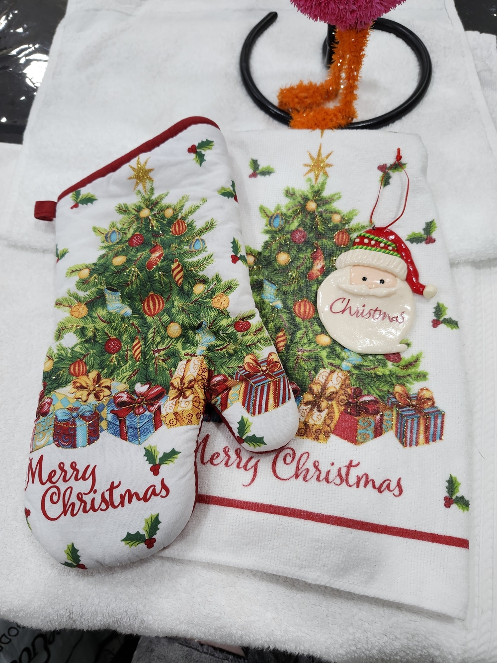 Christmas Kitchen Towel Set with Santa Ornament
